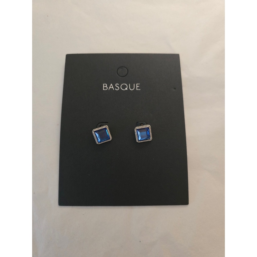 Basque Women Square Blue Crystal Stud Earrings Silver Tone Textured Border